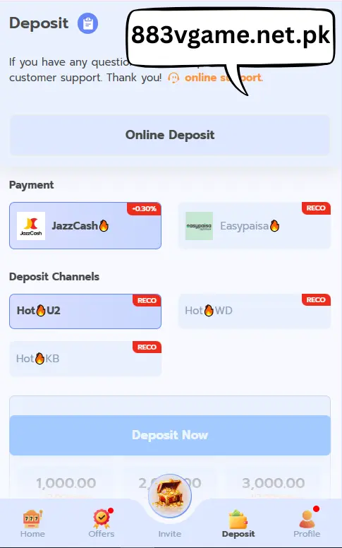 883V Game deposit screen showing JazzCash and Easypaisa payment options on 883vgame.net.pk