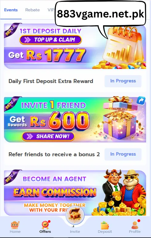 883V Game events page showing daily deposit bonus and referral rewards on 883vgame.net.pk