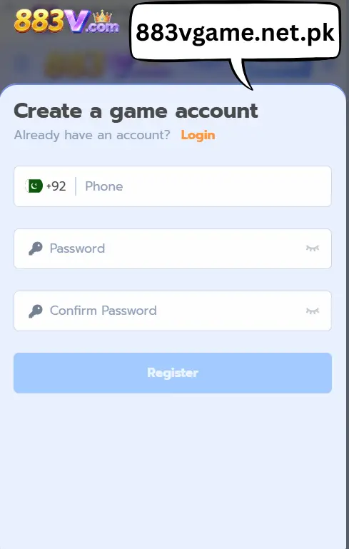 883V Game account registration screen with phone number and password fields on 883vgame.net.pk